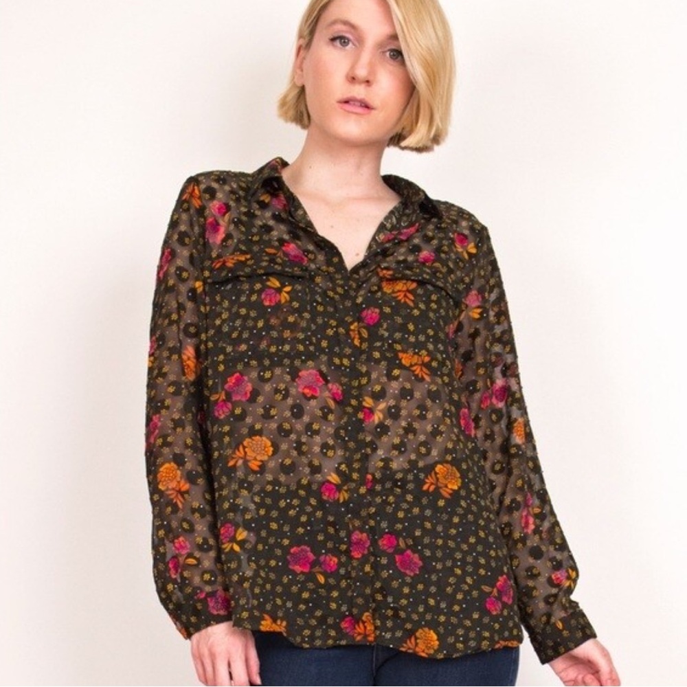 Loft sheer floral burnout button down blouse size small olive orange size SP